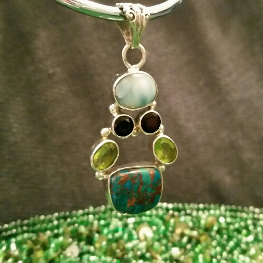 925 Copper Blue Turquoise, Larimar Peridot Pendant